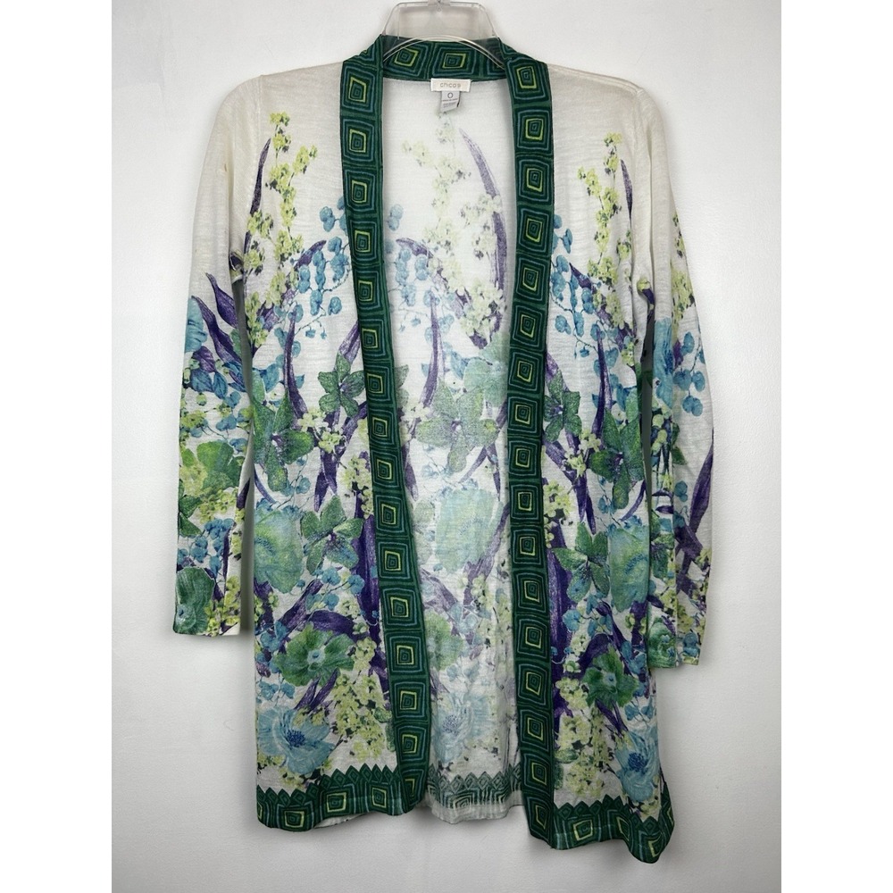 Chicos Sweater Cardigan Womans S Floral Knit Open Cottogecore Lightweight Read